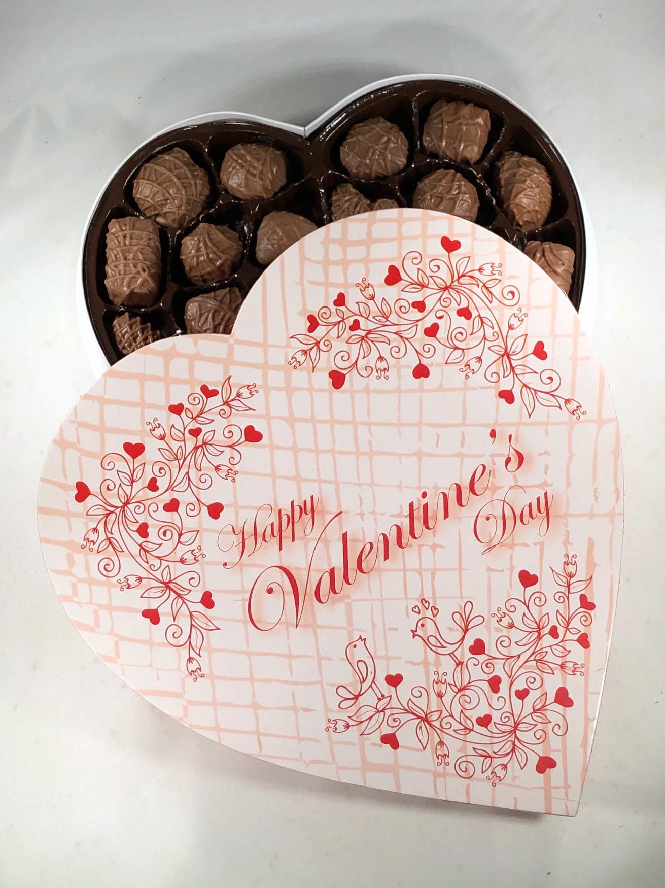 Heart-shaped Box of Chocolates (White w/ Birds) - Anderson's Candies